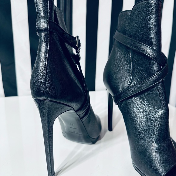 SAINT LAURENT Paris Black Leather Peep Toe Platform Heeled Ankle Booties - Picture 2 of 8